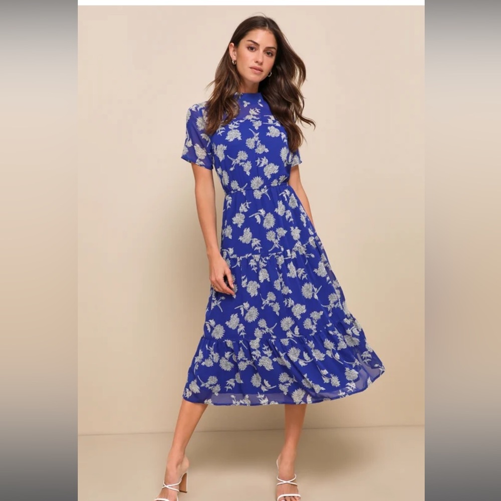 Lulus Floral Dressed Up Royal Blue Floral Print Midi Dress Size S